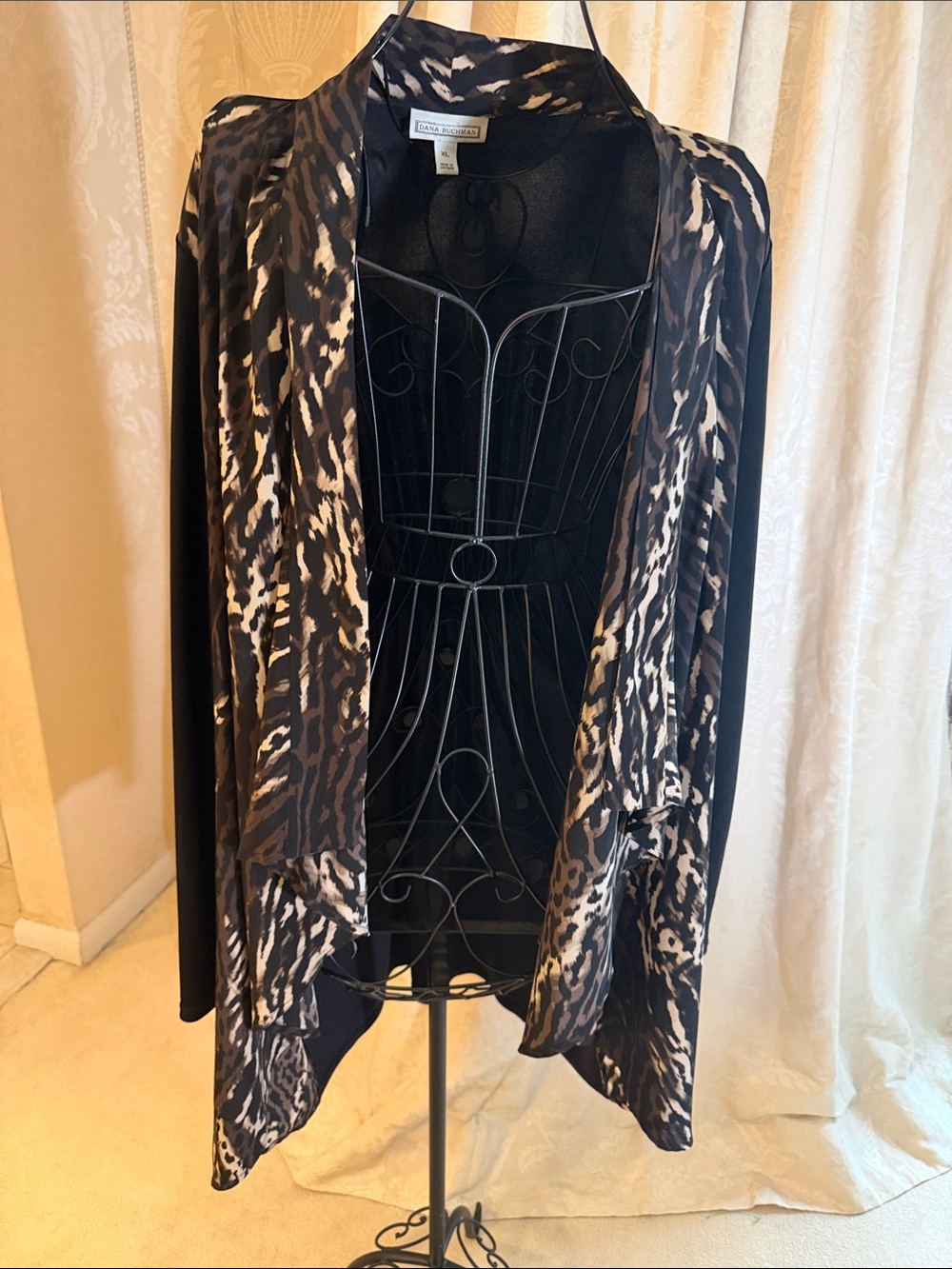 Dana Buchman Black and Brown Leopard Print Open Front Cardigan
